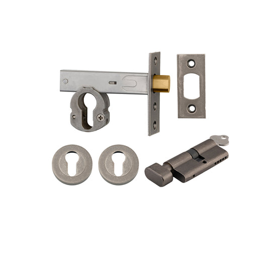 Iver Mortice Deadbolt Euro Distressed Nickel Backset 60mm Key/Thumb Escutcheon Round Kit - Preorder for Late Jan 2025