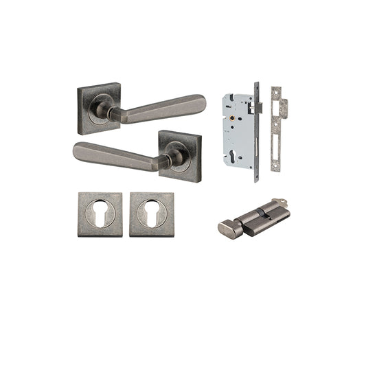 Iver Door Lever Copenhagen Rose Square Distressed Nickel Key / Thumb Entrance Kit