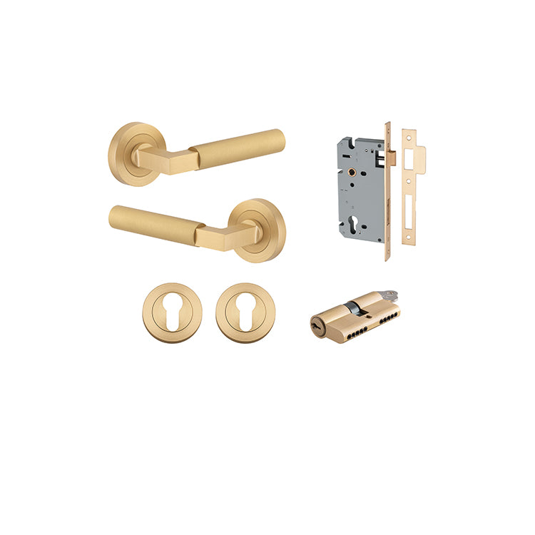 Iver Door Lever Berlin Rose Round Brushed Brass Key / Key Entrance Kit