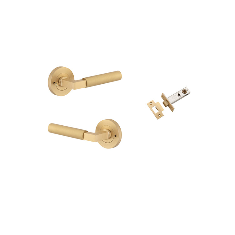 Iver Door Lever Berlin Rose Round Brushed Brass Inbuilt Privacy Kit