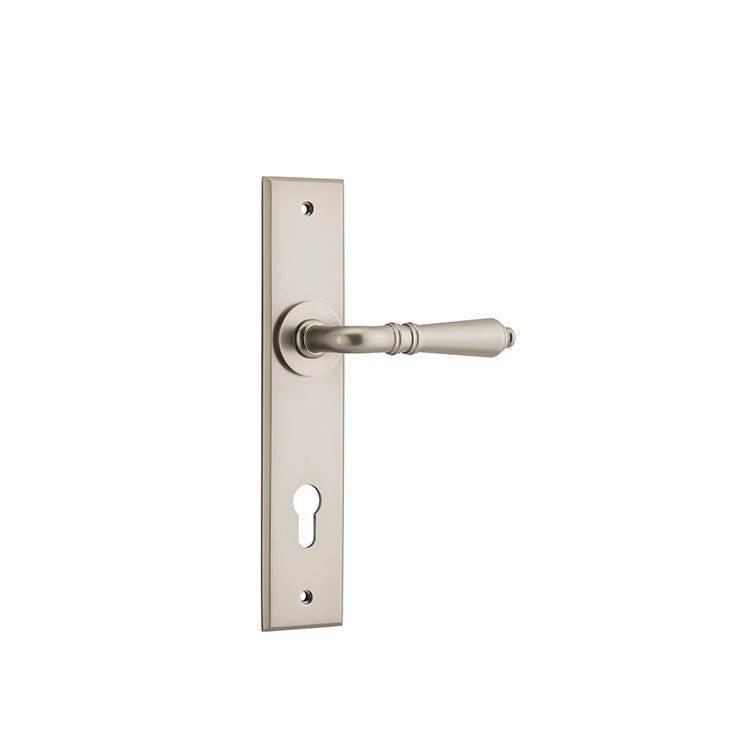 Iver Door Lever Sarlat Chamfered Euro Pair Satin Nickel CTC85mm L111xP55mm BPH240xW50mm