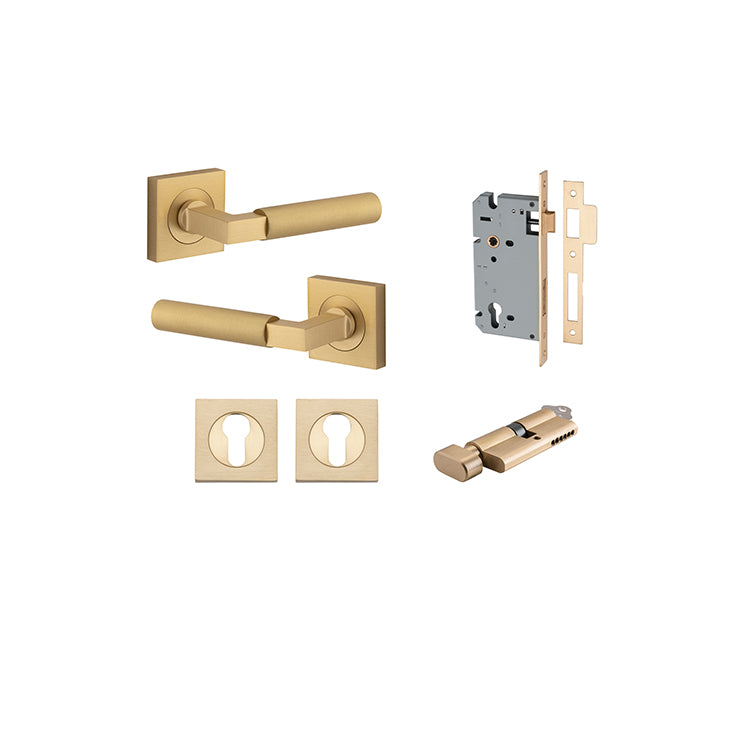 Iver Door Lever Berlin Rose Square Brushed Brass Key / Thumb Entrance Kit