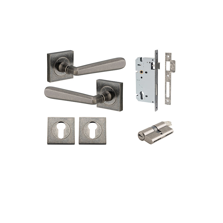 Iver Door Lever Copenhagen Rose Square Distressed Nickel Key / Key Entrance Kit