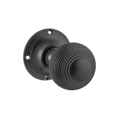 Tradco Door Knob Reeded Mortice Pair Matt Black D51xP81mm BP60mm