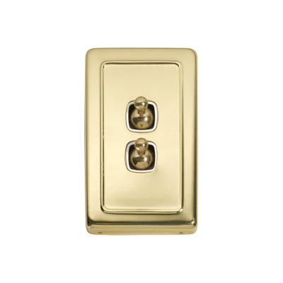 Tradco Switch Flat Plate Toggle 2 Gang White Polished Brass H115xW72mm