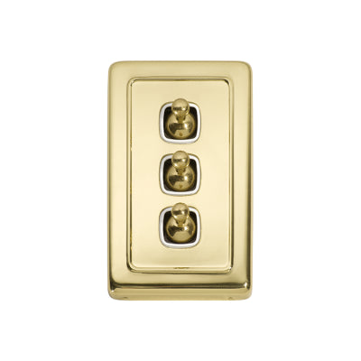 Tradco Switch Flat Plate Toggle 3 Gang White Polished Brass H115xW72mm