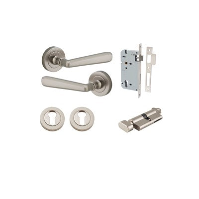 Iver Door Lever Copenhagen Rose Round Satin Nickel Key / Thumb Entrance Kit