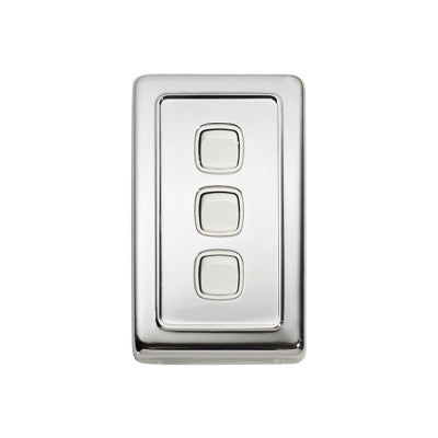 Tradco Switch Flat Plate Rocker 3 Gang White Chrome Plated H115xW72mm