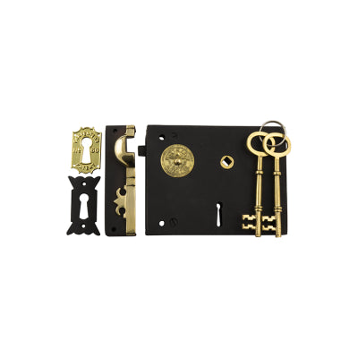 Tradco Rim Lock Carpenters Right Hand Unlacquered Brass Matt Black H120xW150mm Backset 93mm