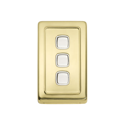 Tradco Switch Flat Plate Rocker 3 Gang White Polished Brass H115xW72mm