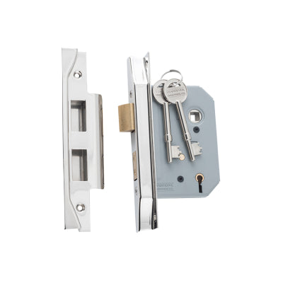 Tradco Mortice Lock 5 Lever Rebated Polished Nickel CTC57mm Backset 57mm