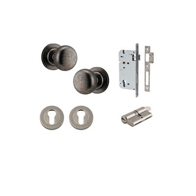 Iver Door Knob Cambridge Rose Round Distressed Nickel Key / Key Entrance Kit