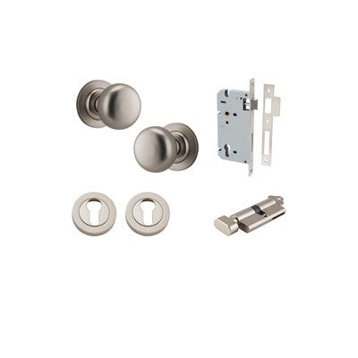 Iver Door Knob Cambridge Rose Round Satin Nickel Key / Thumb Entrance Kit