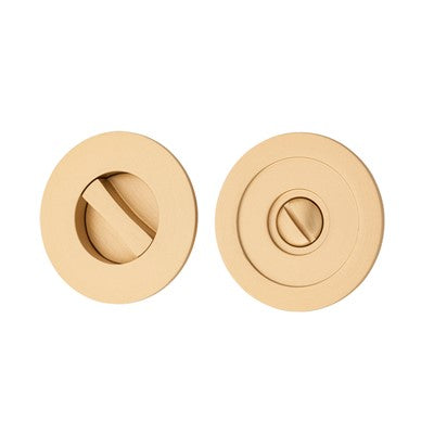 Iver Sliding Door Pull Round Privacy Brushed Brass D60xP2.5mm with Tube Latch Mechanism 60mm Backset, Sliding Door Edge Pull & Tube Latch Keeper Adjustable