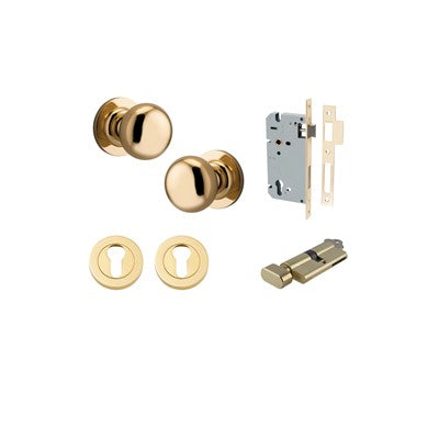 Iver Door Knob Cambridge Rose Round Polished Brass Key / Thumb Entrance Kit