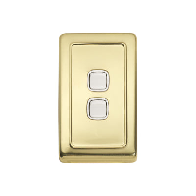 Tradco Switch Flat Plate Rocker 2 Gang White Polished Brass H115xW72mm