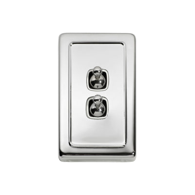 Tradco Switch Flat Plate Toggle 2 Gang White Chrome Plated H115xW72mm