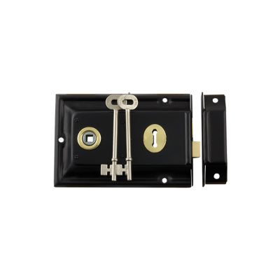 Tradco Rim Lock Brass Trim Matt Black H105xW155mm Backset 112mm