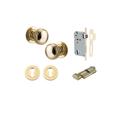 Iver Door Knob Paddington Rose Round Polished Brass Key / Thumb Entrance Kit