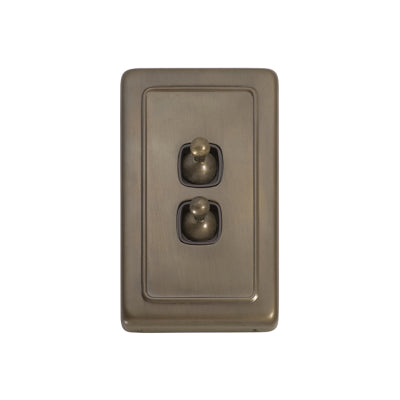 Tradco Switch Flat Plate Toggle 2 Gang Brown Antique Brass H115xW72mm