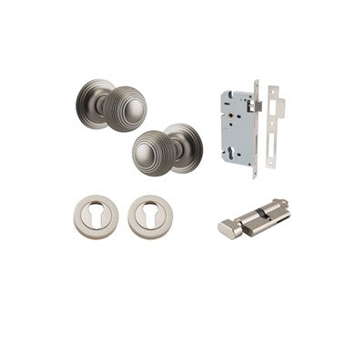 Iver Door Knob Guildford Rose Round Satin Nickel Key / Thumb Entrance Kit