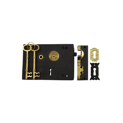 Tradco Rim Lock Carpenters Left Hand Unlacquered Brass Matt Black H128xW182mm Backset 116mm