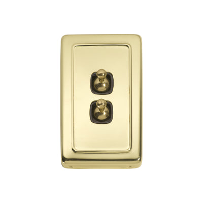 Tradco Switch Flat Plate Toggle 2 Gang Brown Polished Brass H115xW72mm