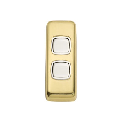 Tradco Switch Flat Plate Rocker 2 Gang White Polished Brass H82xW30mm