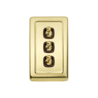 Tradco Switch Flat Plate Toggle 3 Gang Brown Polished Brass H115xW72mm