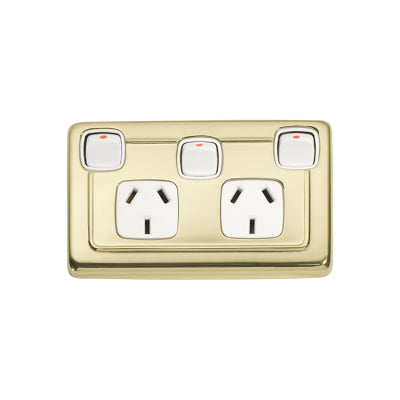 Tradco Socket Flat Plate Rocker Double With Switch White Polished Brass H72xW115mm