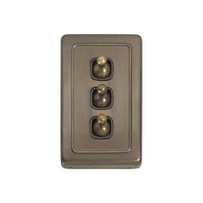 Tradco Switch Flat Plate Toggle 3 Gang Brown Antique Brass H115xW72mm