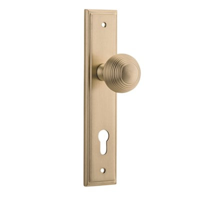 Iver Door Knob Guildford Stepped Euro Pair Brushed Brass CTC85mm D52xP75mm BPH237xW50mm