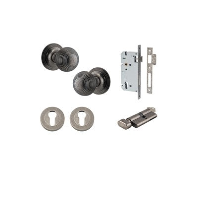 Iver Door Knob Guildford Rose Round Distressed Nickel Key / Thumb Entrance Kit