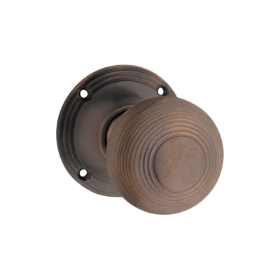 Tradco Door Knob Reeded Mortice Pair Antique Brass D51xP81mm BP60mm
