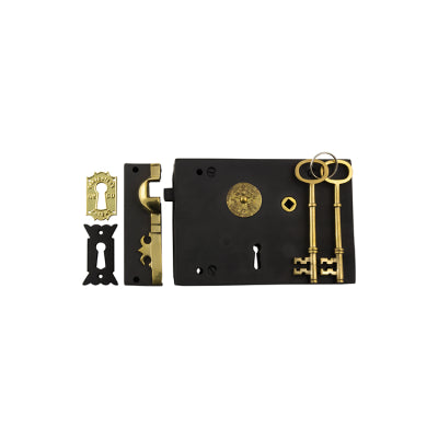 Tradco Rim Lock Carpenters Right Hand Unlacquered Brass Matt Black H128xW182mm Backset 116mm