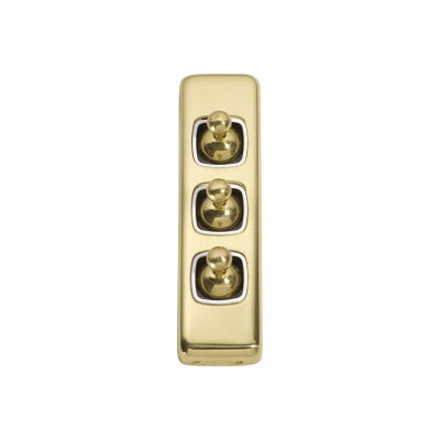 Tradco Switch Flat Plate Toggle 3 Gang White Polished Brass H108xW30mm