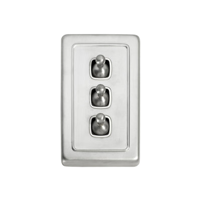 Tradco Switch Flat Plate Toggle 3 Gang White Satin Chrome H115xW72mm