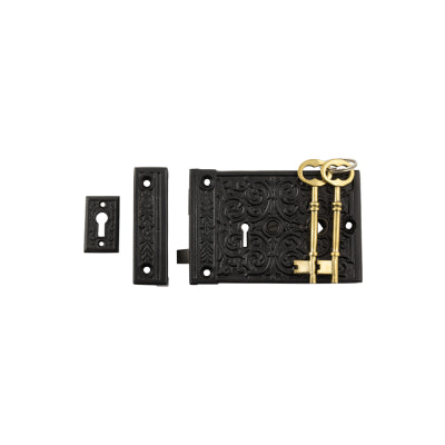 Tradco Rim Lock Ornate Matt Black H90xW130mm Backset 100mm