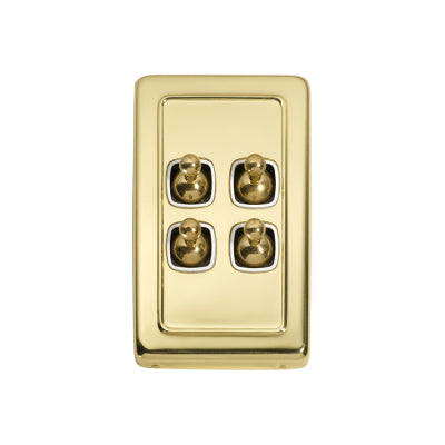 Tradco Switch Flat Plate Toggle 4 Gang White Polished Brass H115xW72mm