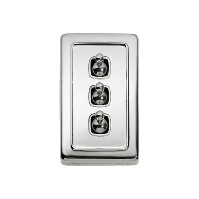 Tradco Switch Flat Plate Toggle 3 Gang White Chrome Plated H115xW72mm