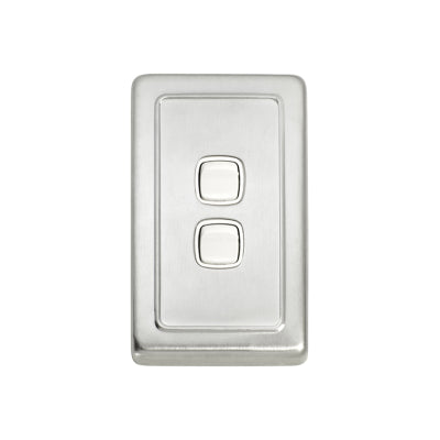 Tradco Switch Flat Plate Rocker 2 Gang White Satin Chrome H115xW72mm