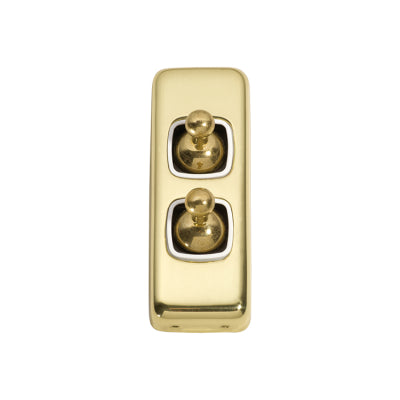 Tradco Switch Flat Plate Toggle 2 Gang White Polished Brass H82xW30mm