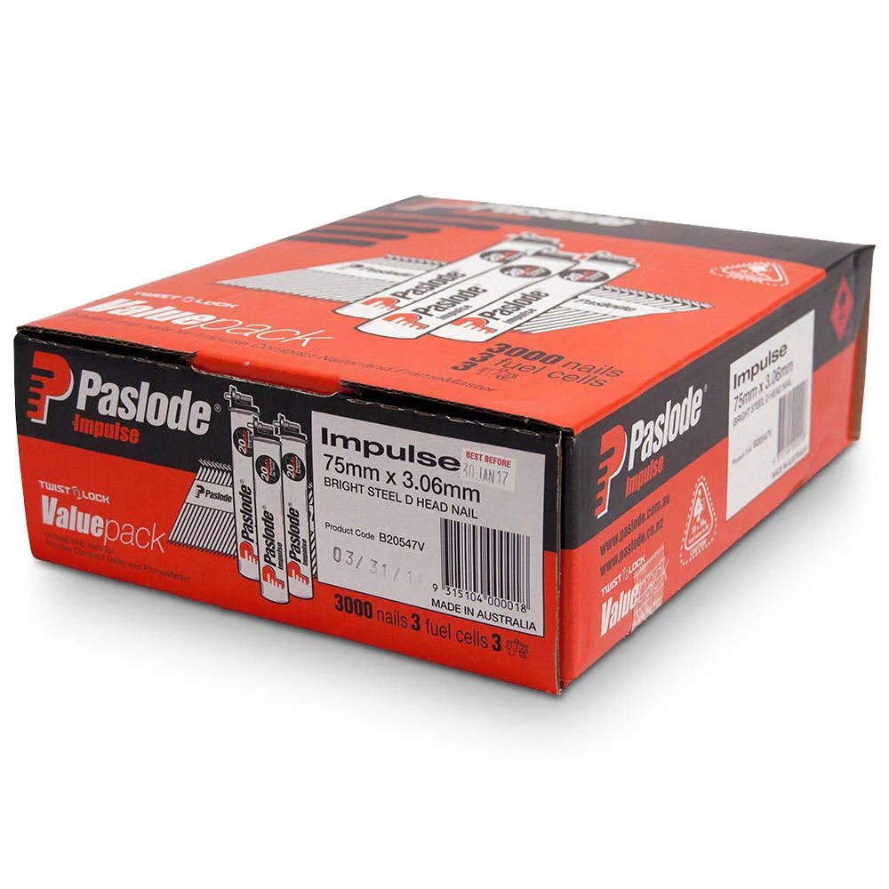 Paslode Impulse Nails 75x3.06mm 3000PK w/ Fuel Cells